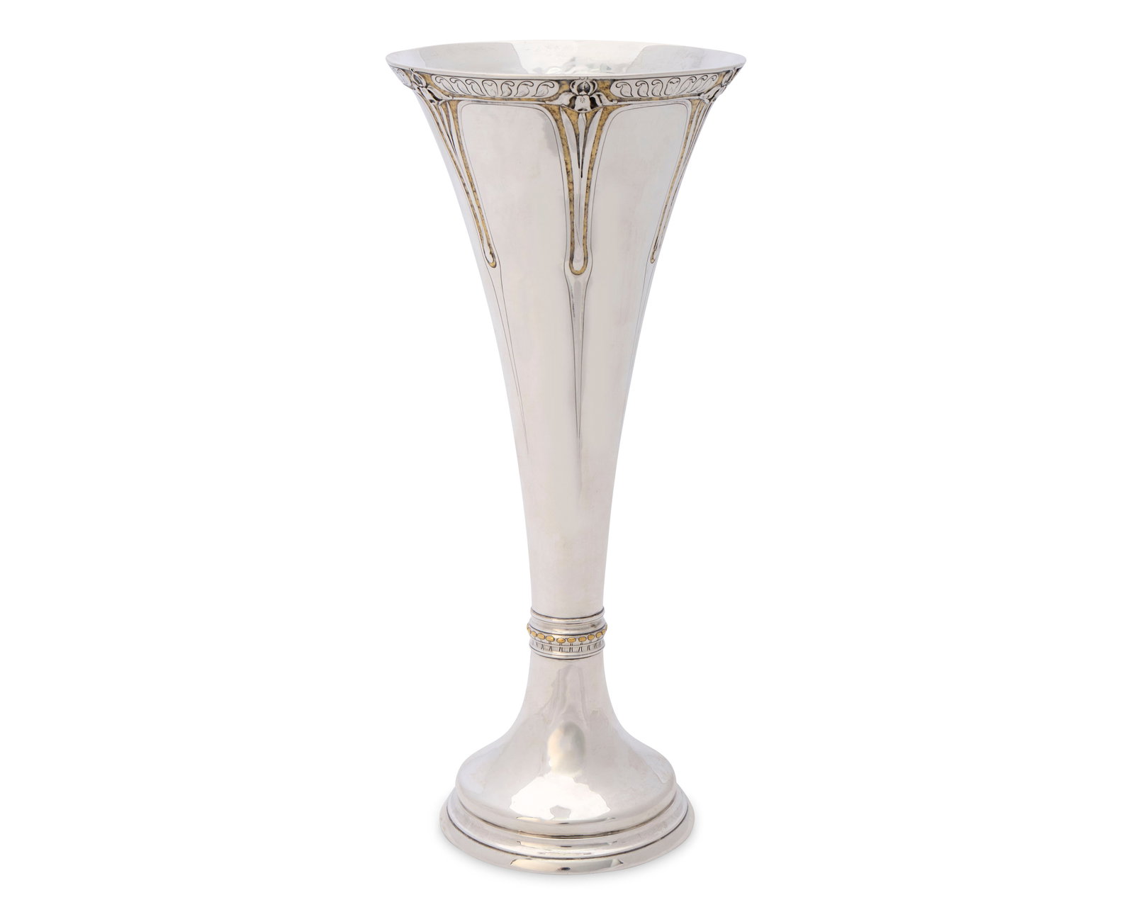 ARTHUR STONE Silver and Gilt Inlaid Fluted ?Iris? Vase, Herbert A. Taylor, Craftsman: ARTHUR STONE Silver and Gilt Inlaid Fluted ?Iris? Vase, Herbert A. Taylor, Craftsmancraftsman's mark; height: 10 1/4 in.; 16.19 ozt.Note: In the Society of Arts & Crafts in Boston, the only rank highe
