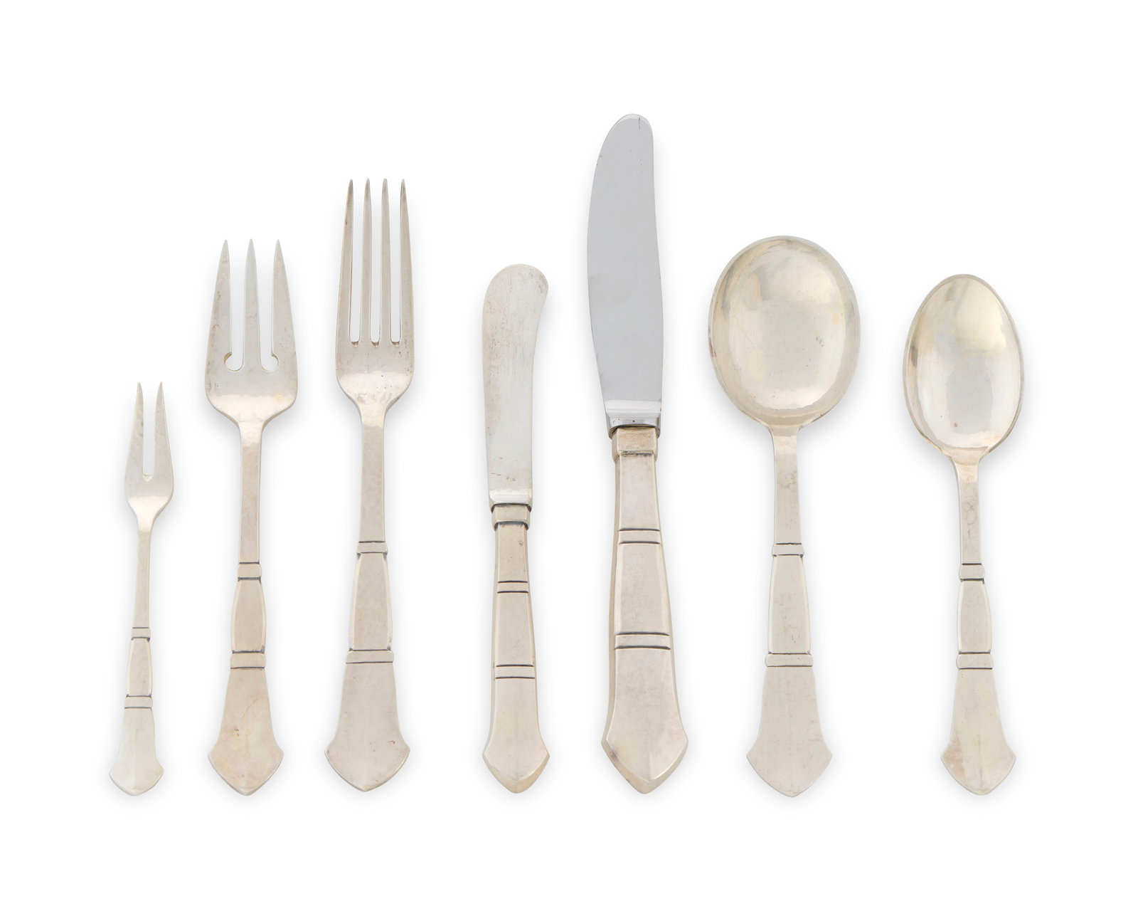 Danish Silver Flatware Set, E. DRAGSTED: Danish Silver Flatware Set, E. DRAGSTED comprising: 12 dinner forks, 12 salad forks, 12 pickle forks, 12 soup spoons, 24 teaspoons, 12 butter knives, and 12 dinner knives; total no. of pieces: 96;