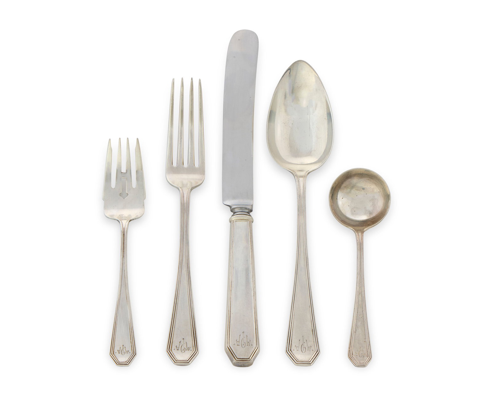 BAILEY, BANKS & BIDDLE Silver Flatware Service, Philadelphia: BAILEY, BANKS & BIDDLE Silver Flatware Service, Philadelphia monogrammed; comprising: 12 dinner forks, 11 salad forks, 5 table spoons, 12 demitasse spoons, and 12 dinner knives; total no. of pieces: