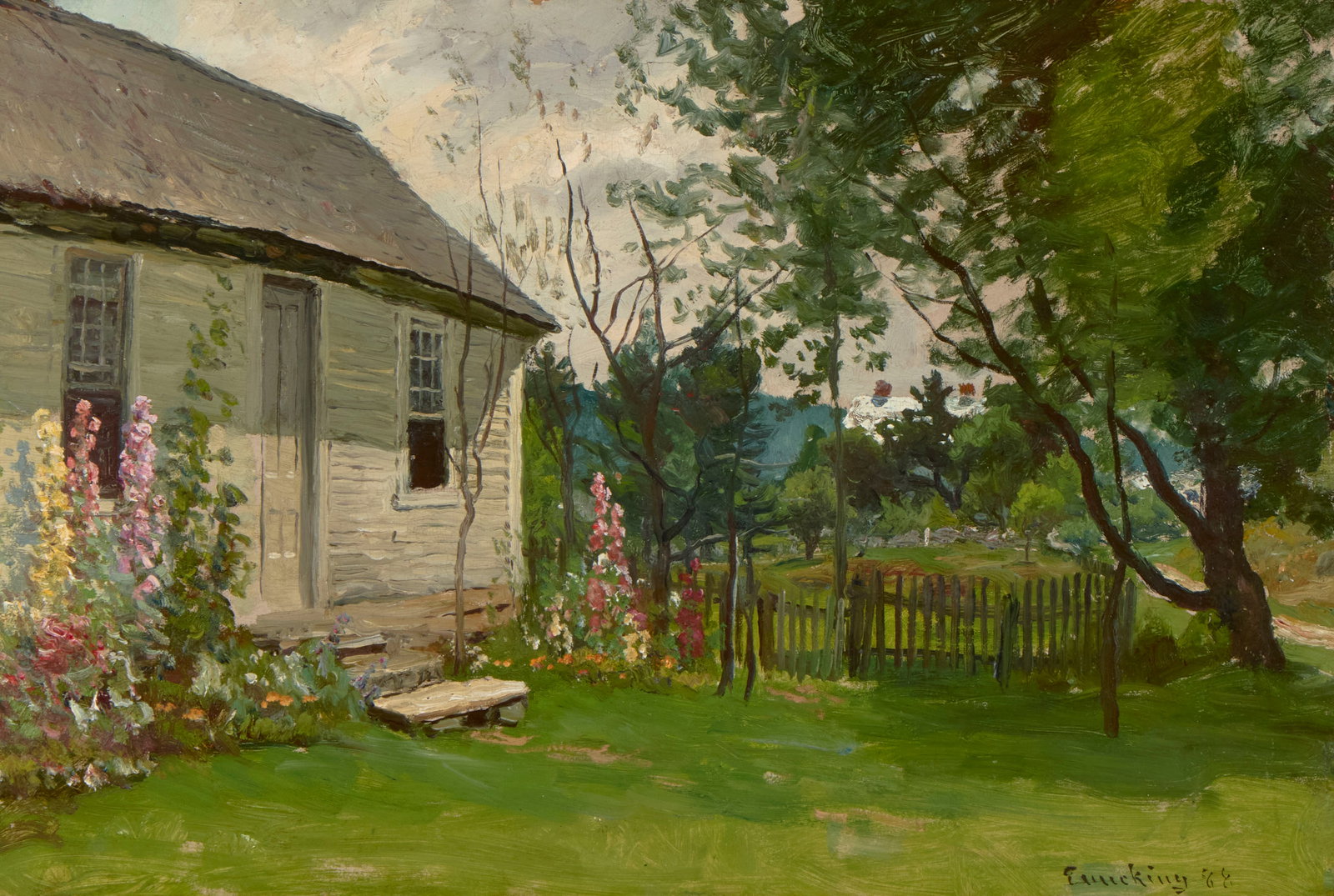 JOHN JOSEPH ENNEKING, (American, 1841-1916), Antique Cape with Flowering Garden, 1888, oil on board, (1 of 4)