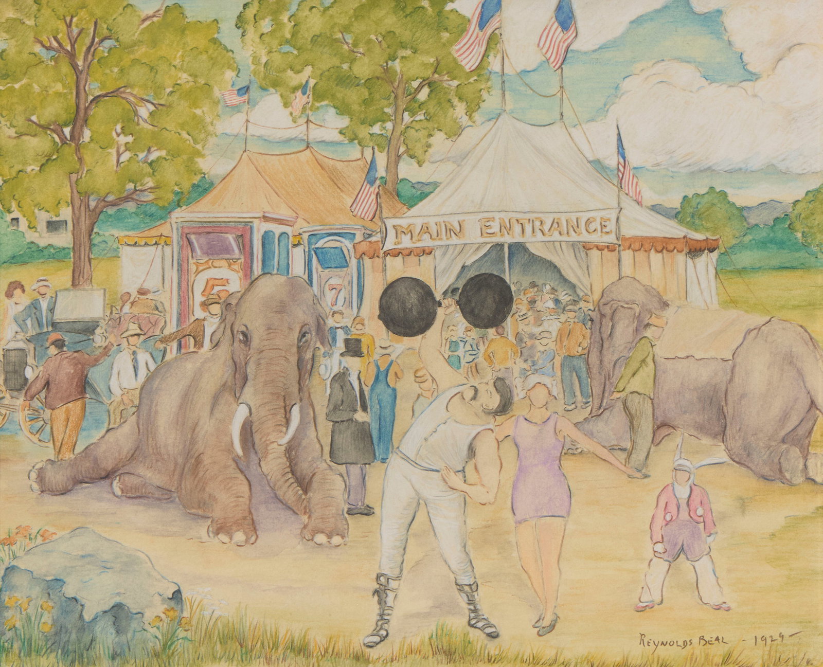 REYNOLDS BEAL, (American, 1866-1951), Circus Scene, 1929, colored pencil on paper, sight: 14 1/2 x (1 of 4)
