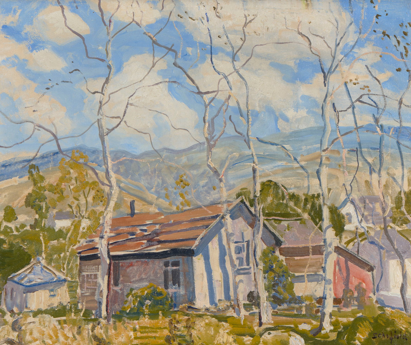 WALTER ELMER SCHOFIELD, (American, 1867-1944), Landscape with Barn, oil on canvasboard, 20 x 24 in.,: WALTER ELMER SCHOFIELD(American, 1867-1944)Landscape with Barnoil on canvasboardsigned Schofield lower right20 x 24 in., frame: 25 x 29 in. Provenance: Property of a Kentucky Gentl