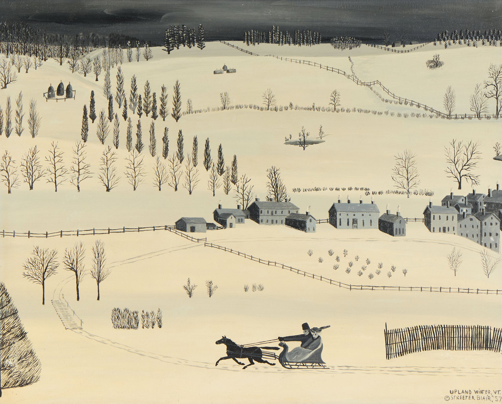 STREETER BLAIR, (American, 1888-1966), Upland Winter, Vermont, 1957, oil on canvas, 24 x 30 in.,: STREETER BLAIR (American, 1888-1966) Upland Winter, Vermont 1957, oil on canvas titled, signed, and dated Upland Winter, VT Streeter Blair, '57 lower right 24 x 30 in., frame: 28 1/4 x 34 1/8 in. <
