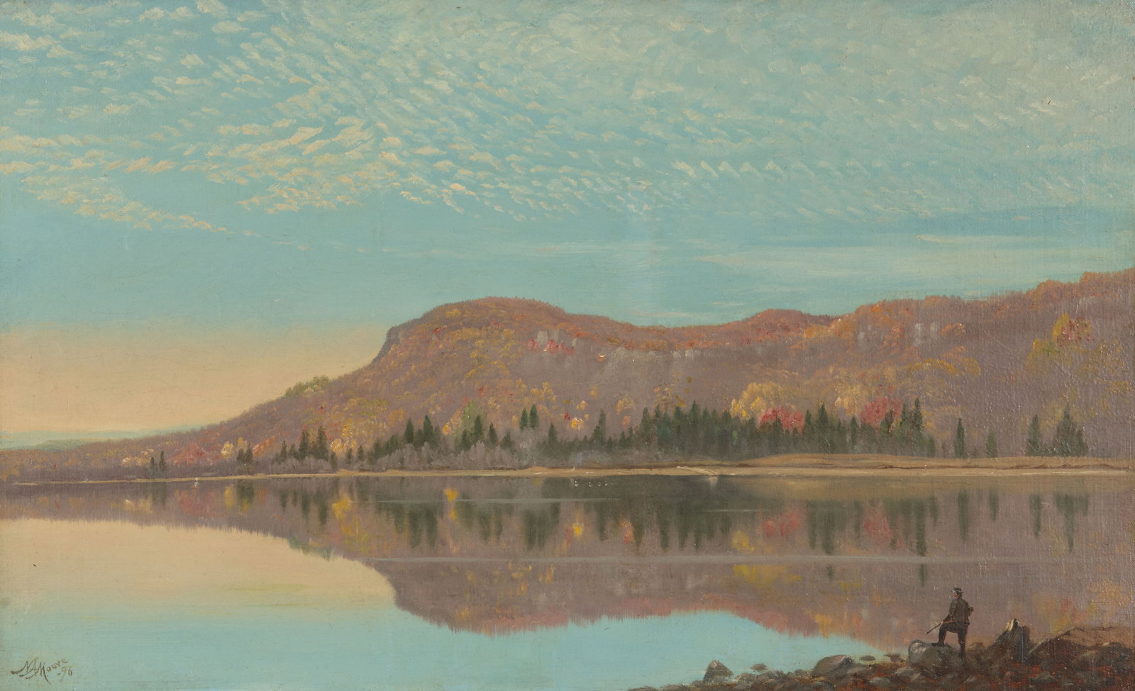 NELSON AUGUSTUS MOORE, (American, 1824-1902), Reflection, 1896, oil on canvas, 15 1/2 x 26 in.,: NELSON AUGUSTUS MOORE (American, 1824-1902) Reflection 1896, oil on canvas signed and dated N.A. Moore 96 lower left 15 1/2 x 26 in., frame: 24 x 34 1/2 in. Provenance: Gift to the fami