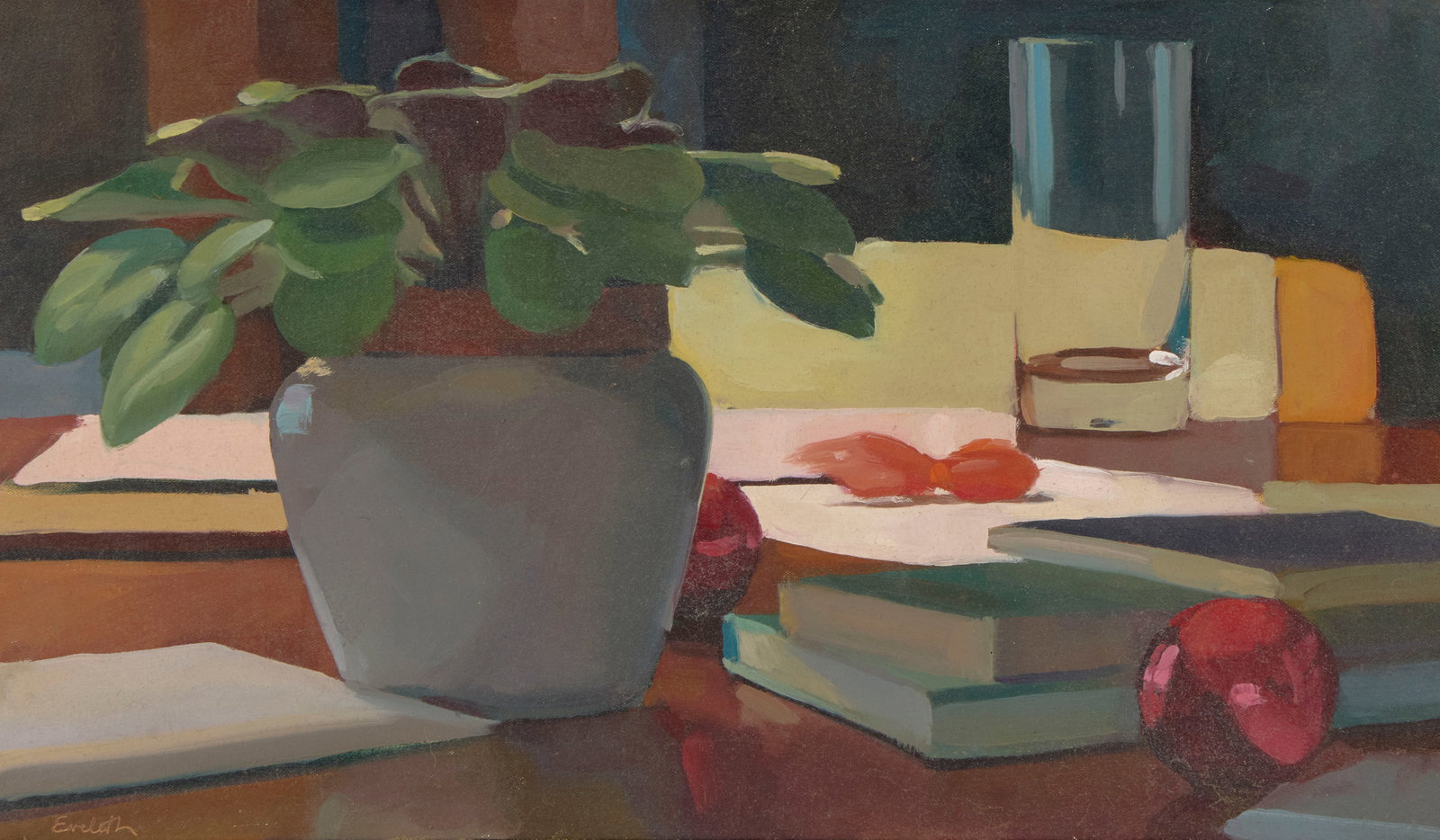 EMILY EVELETH, (American, b. 1960), African Violet, 1990, oil on canvas, 14 x 24 in., frame: 15 1/2 (1 of 4)