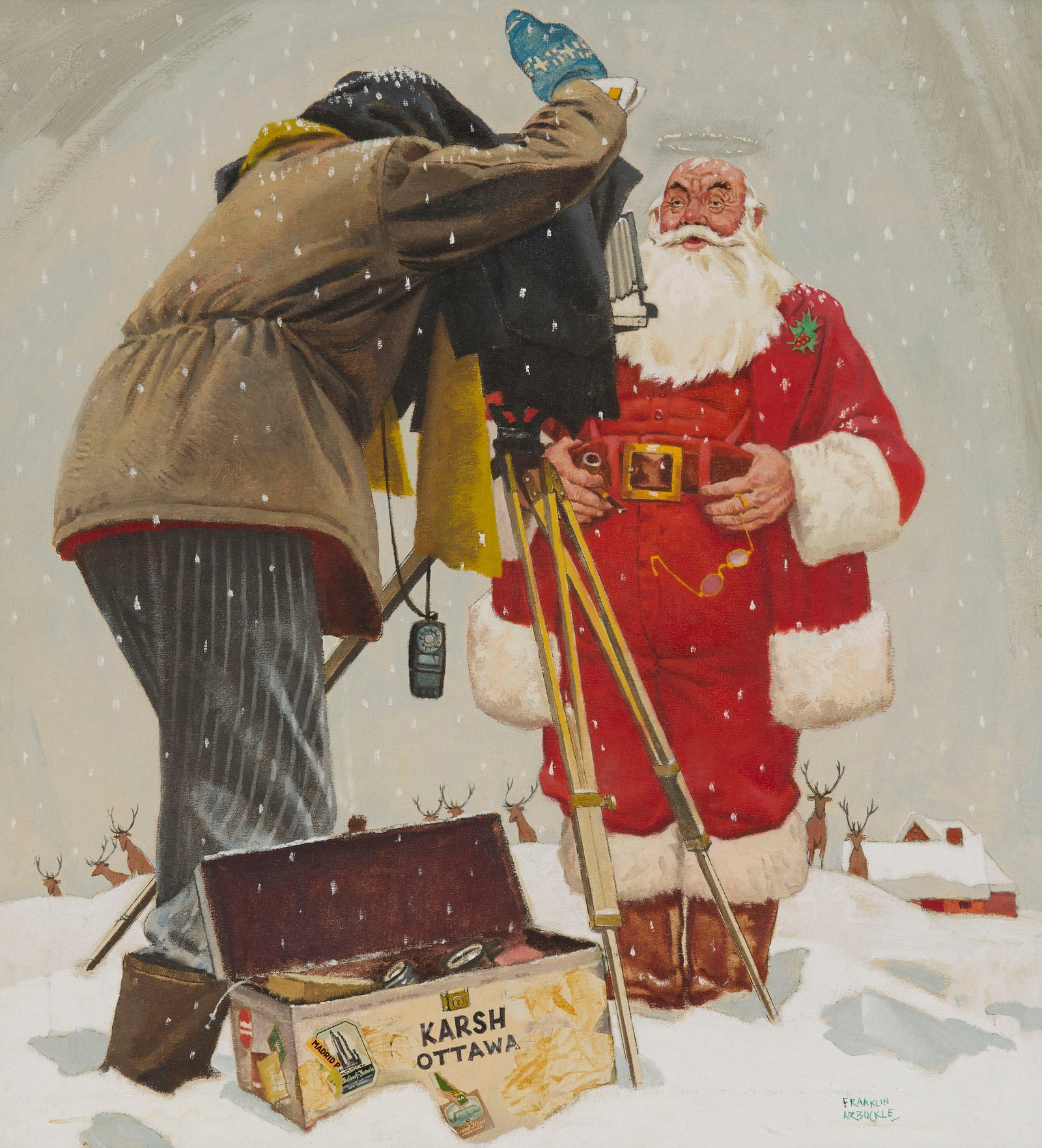 GEORGE FRANKLIN ARBUCKLE, (Canadian, 1909-2001), Karsh Photographing Santa, oil on canvas with (1 of 4)
