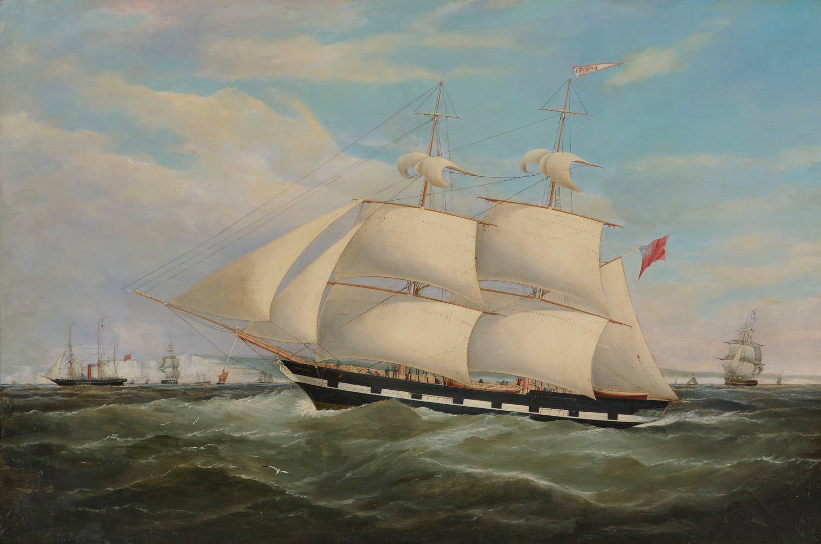 ENGLISH SCHOOL , (19th century), Fortuna at Sail, 1855, oil on canvas, 20 1/4 x 30 1/8 in., frame:: ENGLISH SCHOOL 19th century Fortuna at Sail 1855, oil on canvas signed indistinctly and dated 1855 lower right 20 1/4 x 30 1/8 in., frame: 24 1/4 x 34 1/4 in. Provenance: A Private Mass