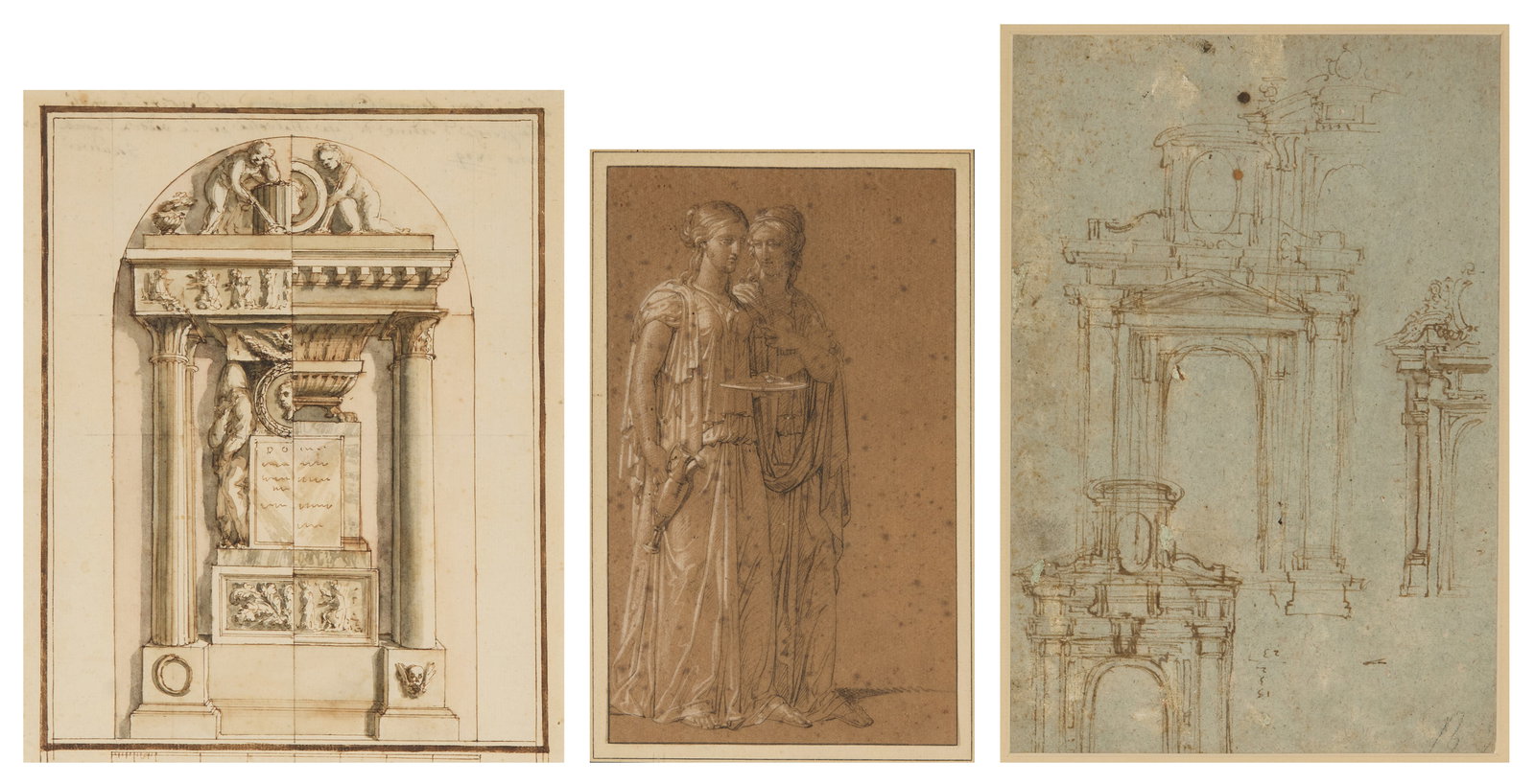 ITALIAN SCHOOL (17th/18th century), Three Old Master Drawings: ITALIAN SCHOOL (17th/18th century) Three Old Master Drawings including: two architectural studies and one figural study chalk, pen, and ink wash on paper First Architectural Study: sight: 9 3/4 x 6 1/