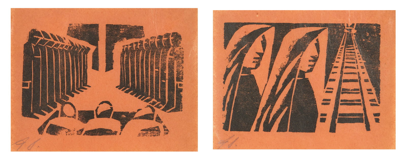 DAVID ALFARO SIQUEIROS, (Mexican, 1896-1974), Two Works from 13 Grabados, 1931, woodcuts on paper: DAVID ALFARO SIQUEIROS (Mexican, 1896-1974) Two Works from 13 Grabados 1931, woodcuts on paper The Wives of the Deportees initialed lower left sheet: 4 1/2 x 6 in., frame: 13 1/2 x 11 in.