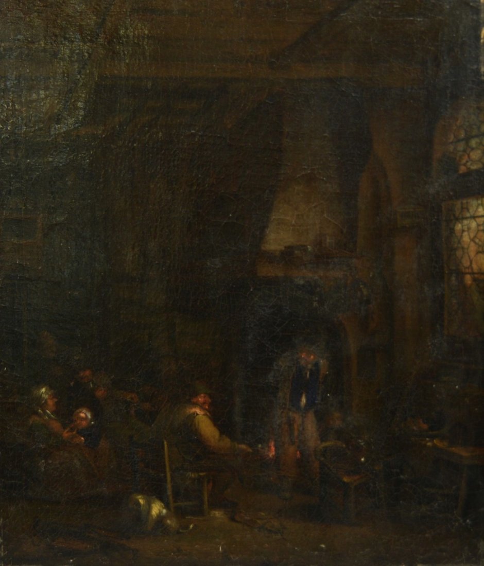 DUTCH SCHOOL , (late 18th century), INTERIOR SCENE: DUTCH SCHOOL (late 18th century) INTERIOR SCENE oil on canvas; signed indistinctly, l.r.; 17 x 14 1/2 inches