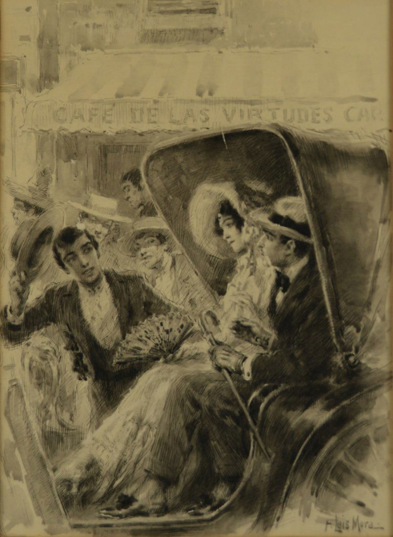 FRANCIS LUIS MORA, (American, 1874-1940), COUPLE IN CAR: FRANCIS LUIS MORA (American, 1874-1940) COUPLE IN CARRIAGE ink wash; signed F. Luis Mora, l.r.; 14 1/2 x 10 1/2 inches, framed: 24 1/2 x 20 1/4 inches