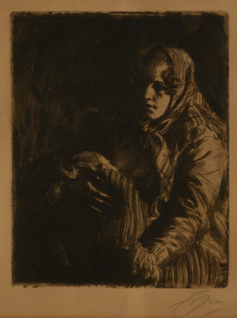 ANDERS ZORN, (Swedish, 1860-1920), MADONNA: ANDERS ZORN (Swedish, 1860-1920) MADONNA etching (A151); signed in pencil Zorn, l.r.; signed and dated in plate Zorn 1900; plate: 9 3/4 x 7 3/4 inches, framed: 19 x 15 inches