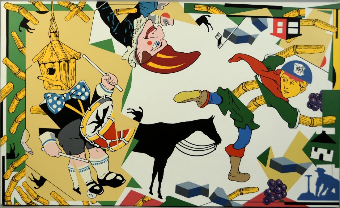 TREVOR WINKFIELD, (American, b. 1944), ARMAGEDDON OR IN: TREVOR WINKFIELD (American, b. 1944) ARMAGEDDON OR INDIGESTION acrylic on canvas; titled, signed, and dated November 1986, verso; bears Edward Thorp Gallery, New York label, verso; 30 1/2 x 50 3/4 inc