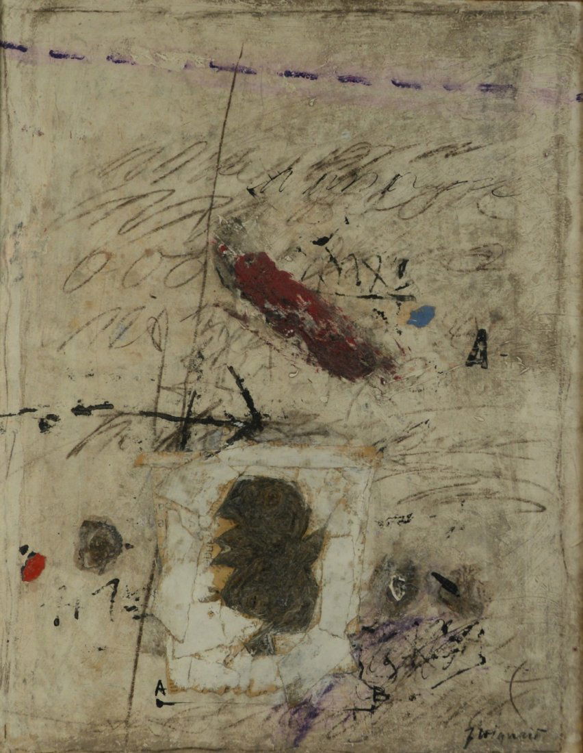 JAMES COIGNARD, (French, 1925-2008), LE POINT ROUGE: JAMES COIGNARD (French, 1925-2008) LE POINT ROUGE newsprint collage, resin, and pigment on paper; signed J. Coignard, l.r.; c. 1976; bears Lillian Heidenberg Fine Art, New York label, verso; image: 25