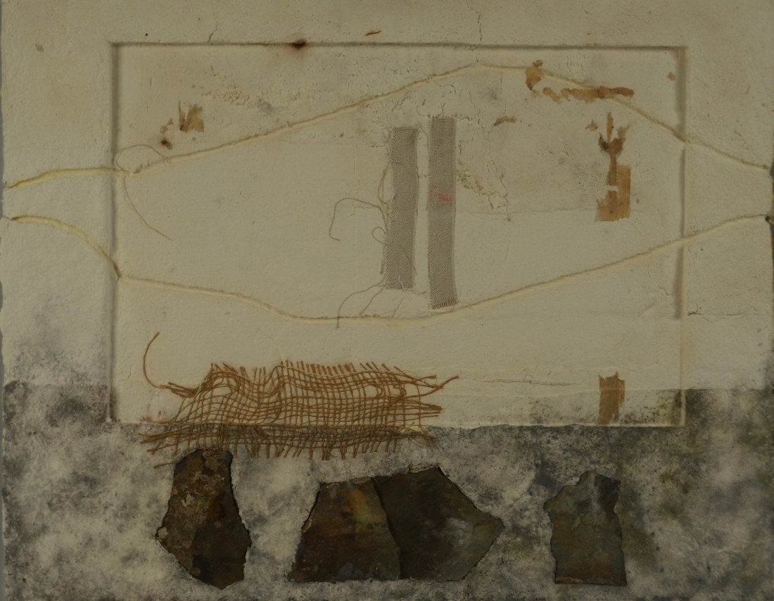 SHIRLEY FARQUHAR, (English, b. 1961), DUNCAN OF JORDANS: SHIRLEY FARQUHAR (English, b. 1961) DUNCAN OF JORDANSTONE pulp paper collage, string fabric, and found objects; inscribed Shirley Farquhar/Duncan of Jordanstone, verso; shadowbox frame: 31 x 37 inches