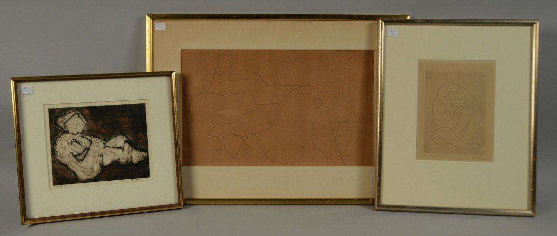 COLLECTION OF THREE FIGURAL WORKS ON PAPER: COLLECTION OF THREE FIGURAL WORKS ON PAPER, including a drawing by Louise Nevelson and etchings by Georg Kolbe and Joseph Demarais; Louise Nevelson (American, 1899-1988), Reclining Nude, pencil on bro