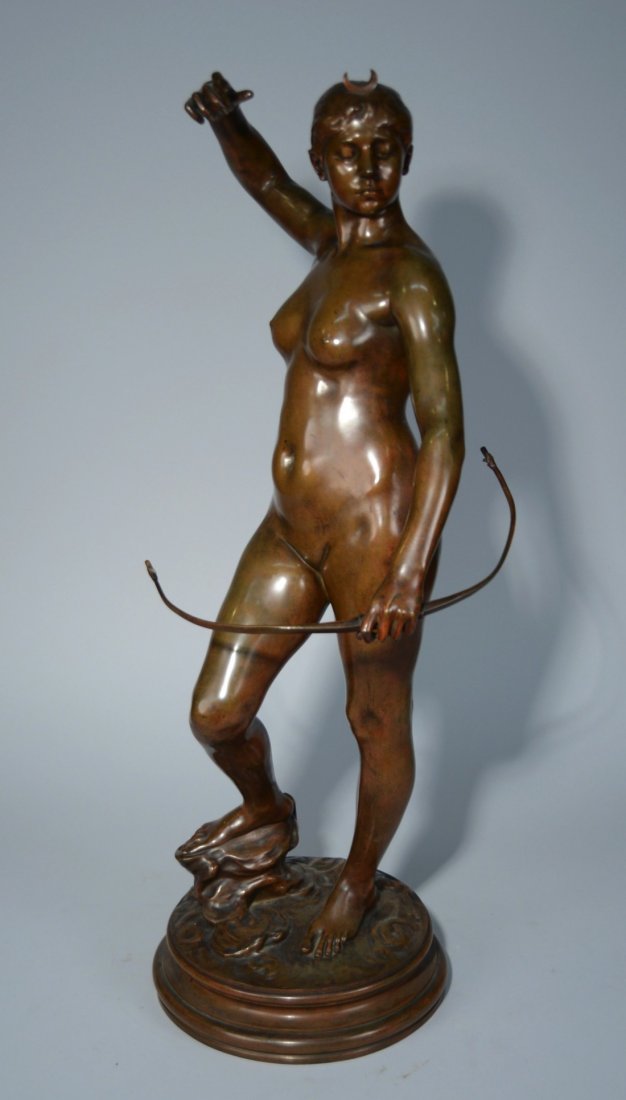 ALEXANDRE FALGUIERE, (French, 1831-1900), DIANA: ALEXANDRE FALGUIERE (French, 1831-1900) DIANA bronze; inscribed A. Falguiere on base; bears Thiebaut Freres Fondeurs, Paris stamp; height: 30 1/4 inches with base
