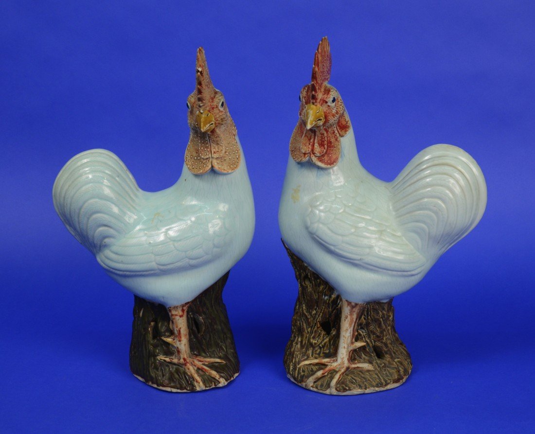 PAIR OF CHINESE PORCELAIN FIGURES OF ROOSTERS, 19th cen: PAIR OF CHINESE PORCELAIN FIGURES OF ROOSTERS, 19th century or earlier; height: 16 inches Provenance: Sir Leon Bagrit, by descent to current owner.
