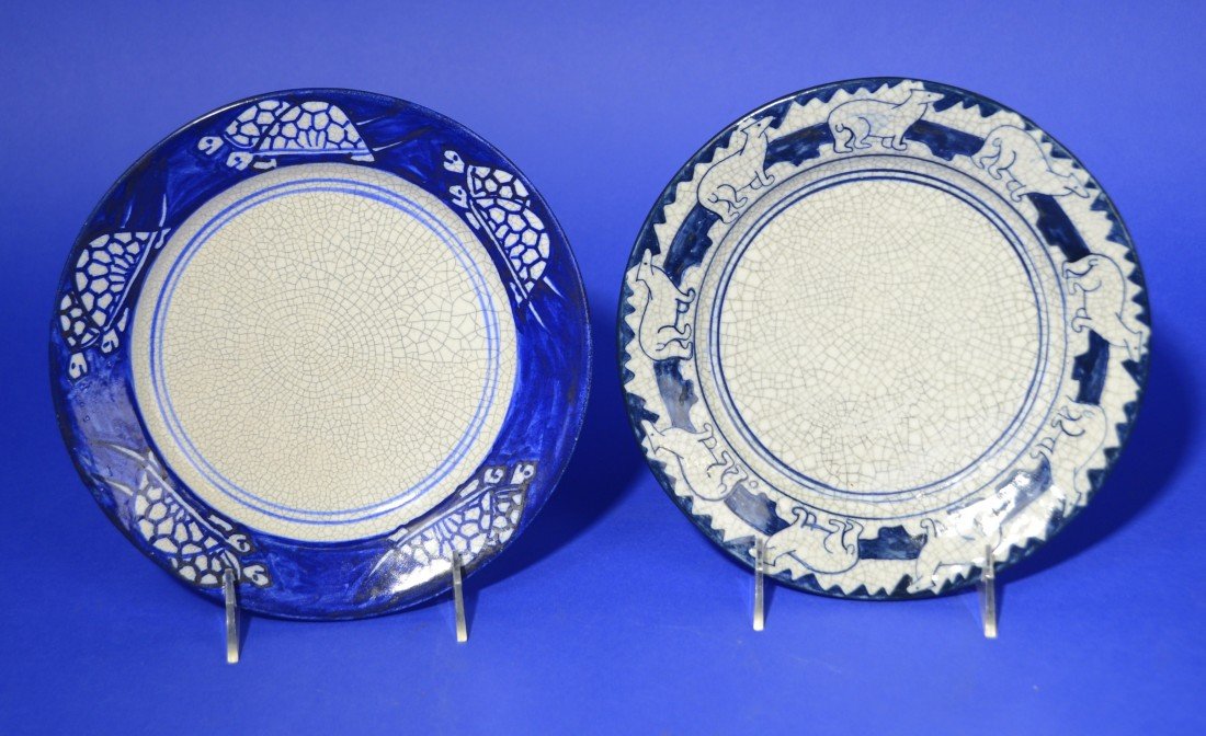 TWO DEDHAM POTTERY PLATES;: TWO DEDHAM POTTERY PLATES; including: a turtle pattern plate, diameter: 8 3/4 inches; and a polar bear pattern plate, with Maude Davenport signature circle mark, diameter: 8 1/2 inches; both plates be