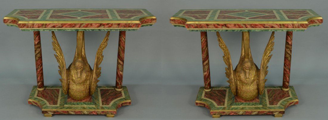 PAIR NEOCLASSICAL FAUX PAINTED CARVED GILTWOOD CONSOLE: PAIR NEOCLASSICAL FAUX PAINTED CARVED GILTWOOD CONSOLE TABLES; with carved swan supports; height: 33 inches; width: 46 inches; depth: 18 inches