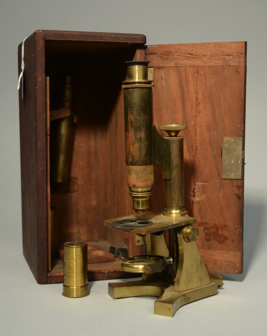 BRASS MICROSCOPE, Miller Brothers, N.y.;: BRASS MICROSCOPE, Miller Brothers, N.y.; in a fitted wood case; height: 11 inches Provenance: Estate of Peter Sexton, Camden, Maine