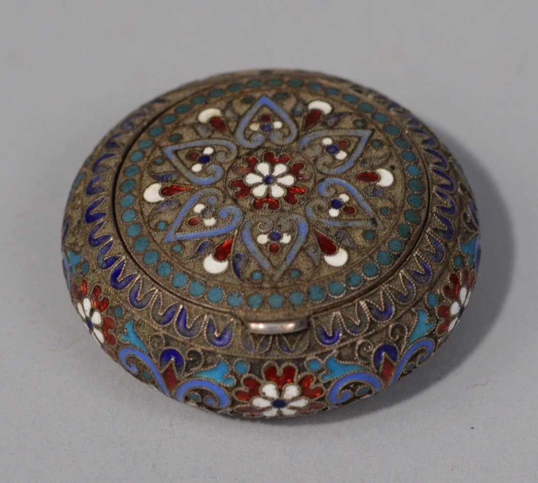 RUSSIAN ENAMELED SILVER PILL BOX;: RUSSIAN ENAMELED SILVER PILL BOX; inscribed and dated A.m.p. St. Valentine, 1895; diameter: 2 1/8 inches