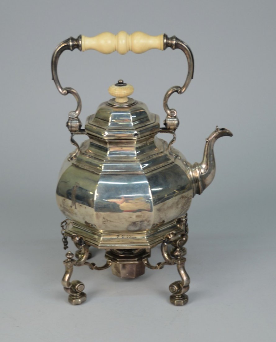 ENGLISH SILVER HOT WATER KETTLE ON STAND, CHARLES THOMA: ENGLISH SILVER HOT WATER KETTLE ON STAND, CHARLES THOMAS FOX AND GEORGE FOX, LONDON, 1860; height: 15 inches; weight: 85 ozs.
