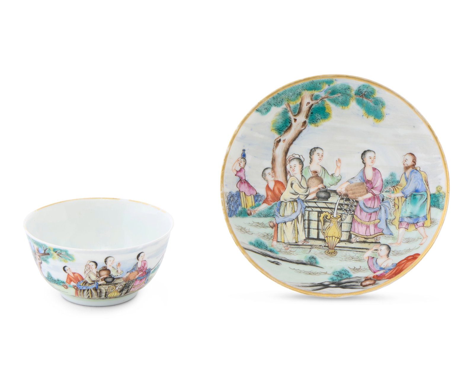 Exceptional Chinese Export Biblical Subject 'Genesis 24' Tea Bowl and Saucer: Exceptional Chinese Export Biblical Subject 'Genesis 24' Tea Bowl and Saucer ca. 1750; depicting a polychrome scene of the Biblical narrative of Rebekah at the well, surrounded by other figures and de