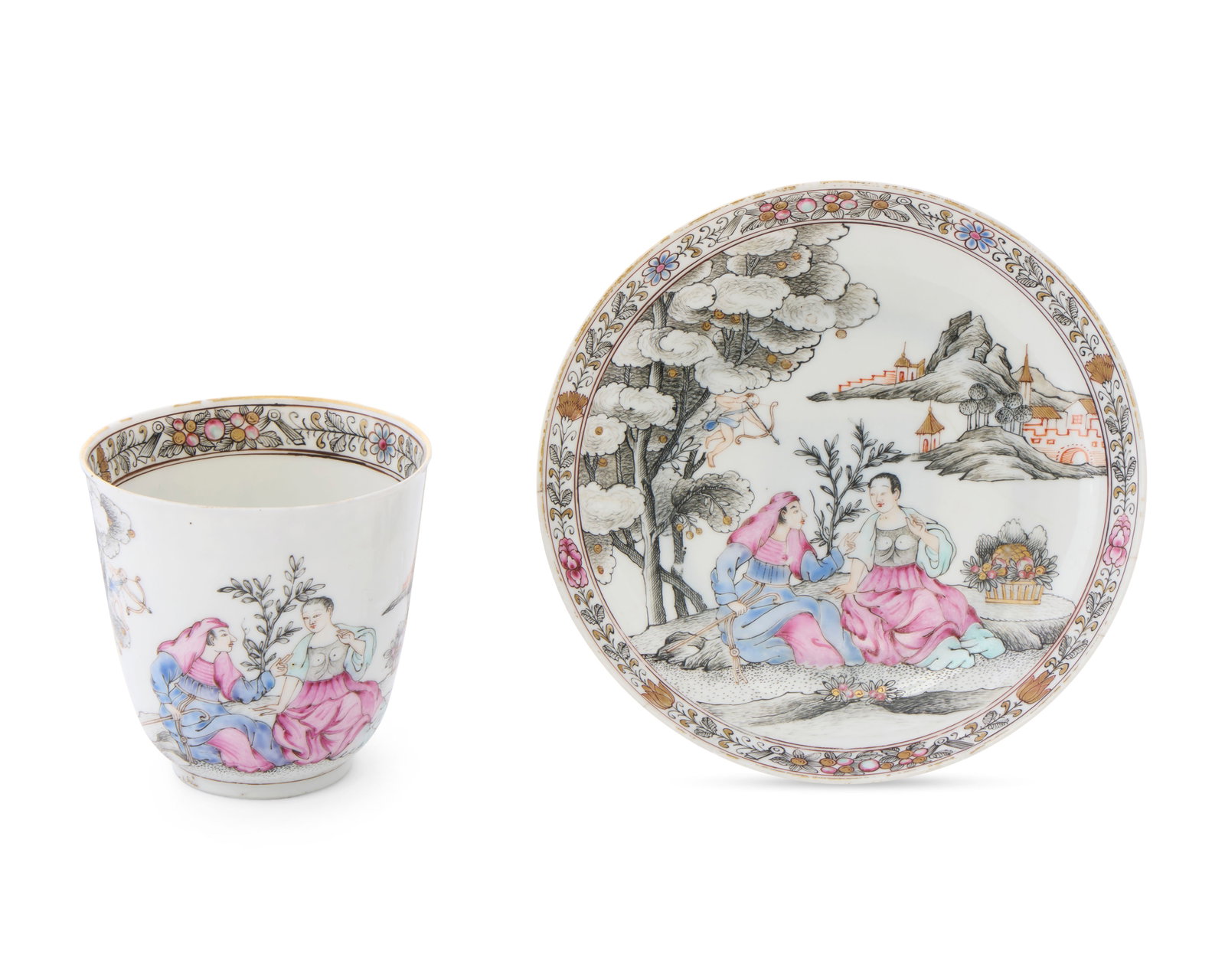 Chinese Export European Market Biblical (or Mythological) Subject Cup and Saucer: Chinese Export European Market Biblical (or Mythological) Subject Cup and Saucer ca. 1745; depicting the scene of Jacob and Rebekah dressed in robes, with a cupid perched in the corner and decorated w