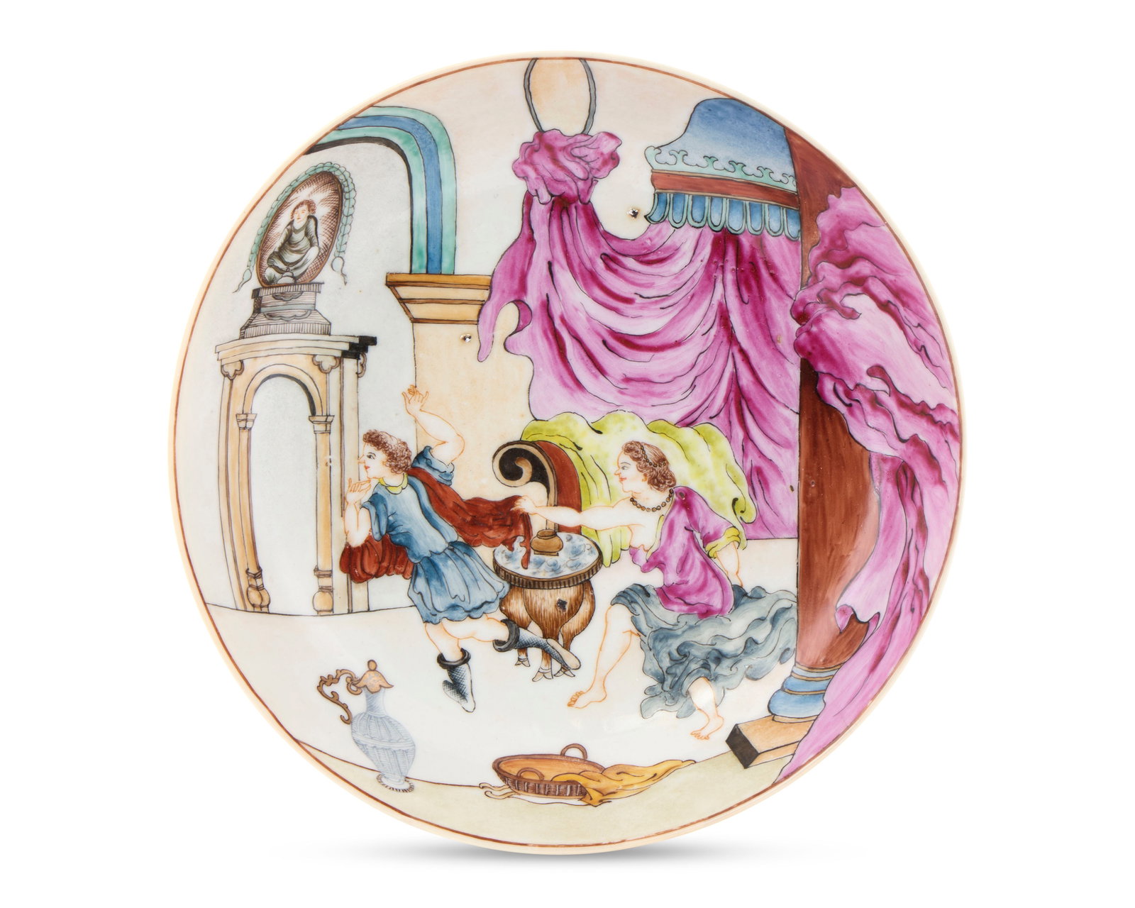 Exceptional Chinese Export European Market Biblical Subject 'Genesis 39' Dish: Exceptional Chinese Export European Market Biblical Subject 'Genesis 39' Dish ca. 1740; depicting in outstanding polychrome enamel the scene of Joseph fleeing from the advances of Potiphar's wife Zule