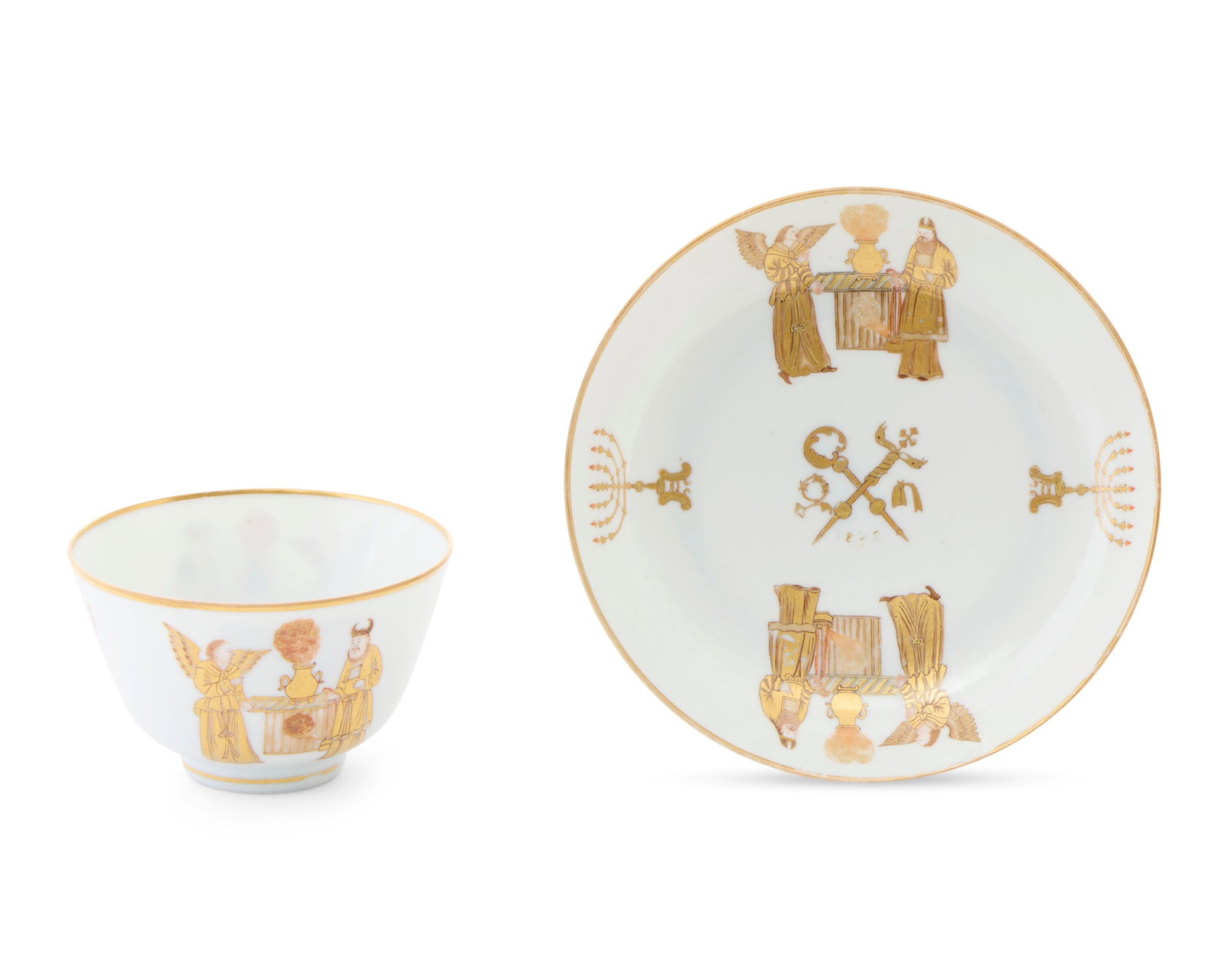 Extremely Rare and Exceptional Chinese Export Armenian Market Jewish Subject Armorial Cup and Saucer: Extremely Rare and Exceptional Chinese Export Armenian Market Jewish Subject Armorial Cup and Saucer ca. 1842; depicting in gilt and sepia enamel alternating images of a menorah with a standing angel 