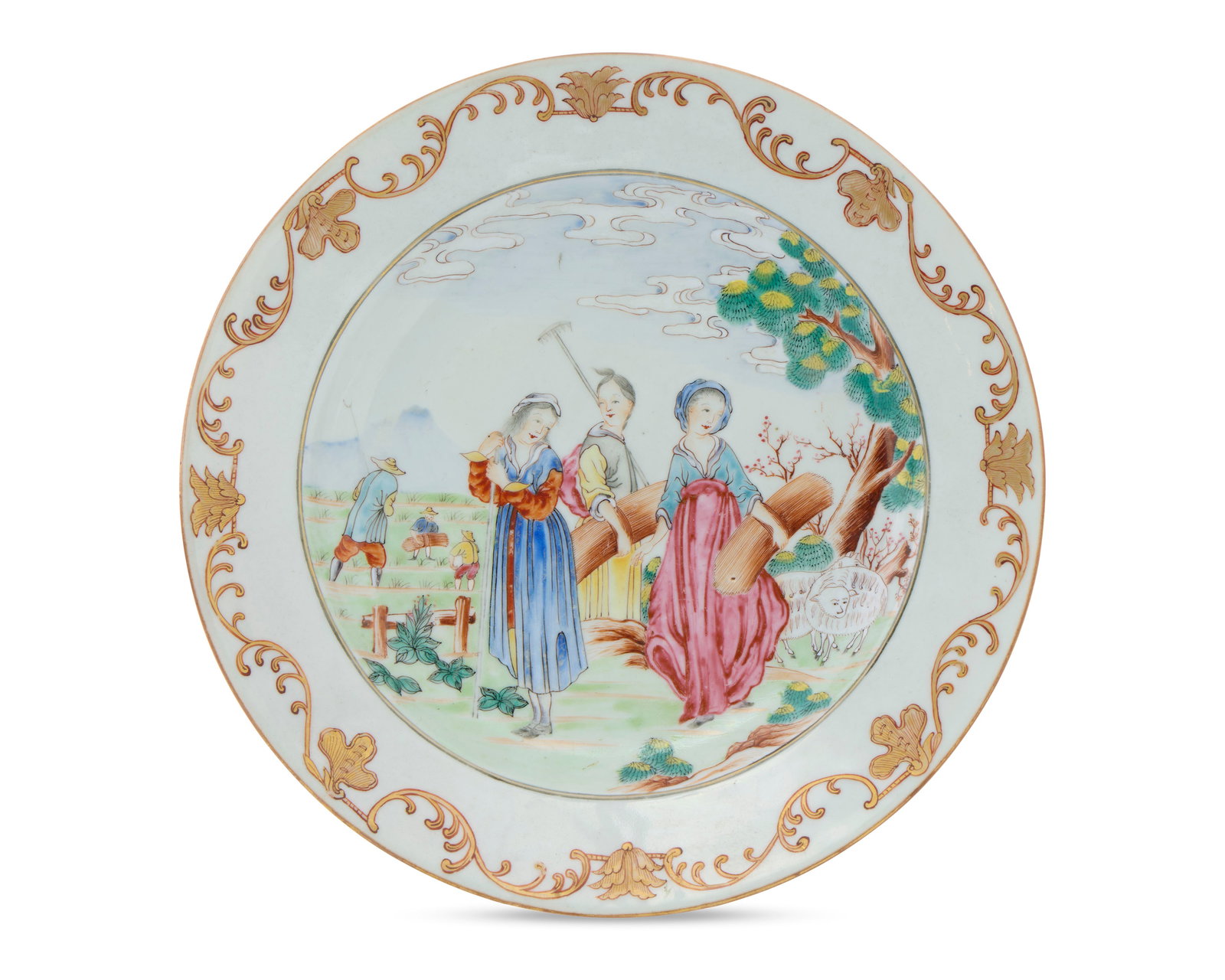 Chinese Export European Market Biblical Subject 'Book of Ruth' Polychrome Enamel Plate: Chinese Export European Market Biblical Subject 'Book of Ruth' Polychrome Enamel Plate ca. 1750; depicting a polychrome central scene of three women harvesting in a field, possibly the Biblical subjec
