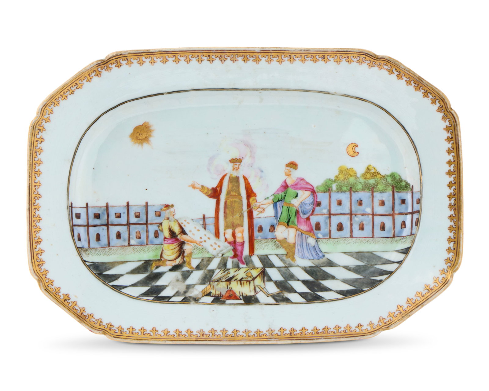 Highly Important Chinese Export English Market Masonic Subject '1 Kings 6' Octagonal Platter: Highly Important Chinese Export English Market Masonic Subject '1 Kings 6' Octagonal Platter ca. 1760; depicting in polychrome enamel King Solomon and two figures standing around a wooden box, looking