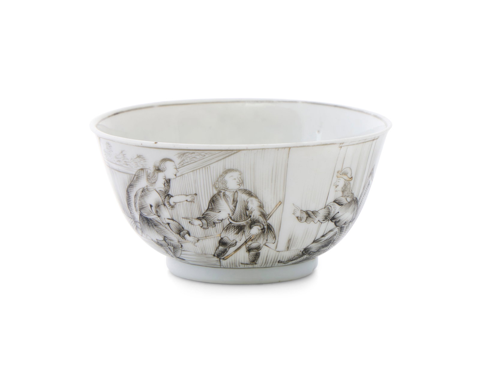 Very Rare Chinese Export European Market Biblical Subject Grisaille Tea Bowl: Very Rare Chinese Export European Market Biblical Subject Grisaille Tea Bowl ca. 1745; depicting en grisaille the Parable of the Talents from the New Testament, with three domestic figures; height: 1 