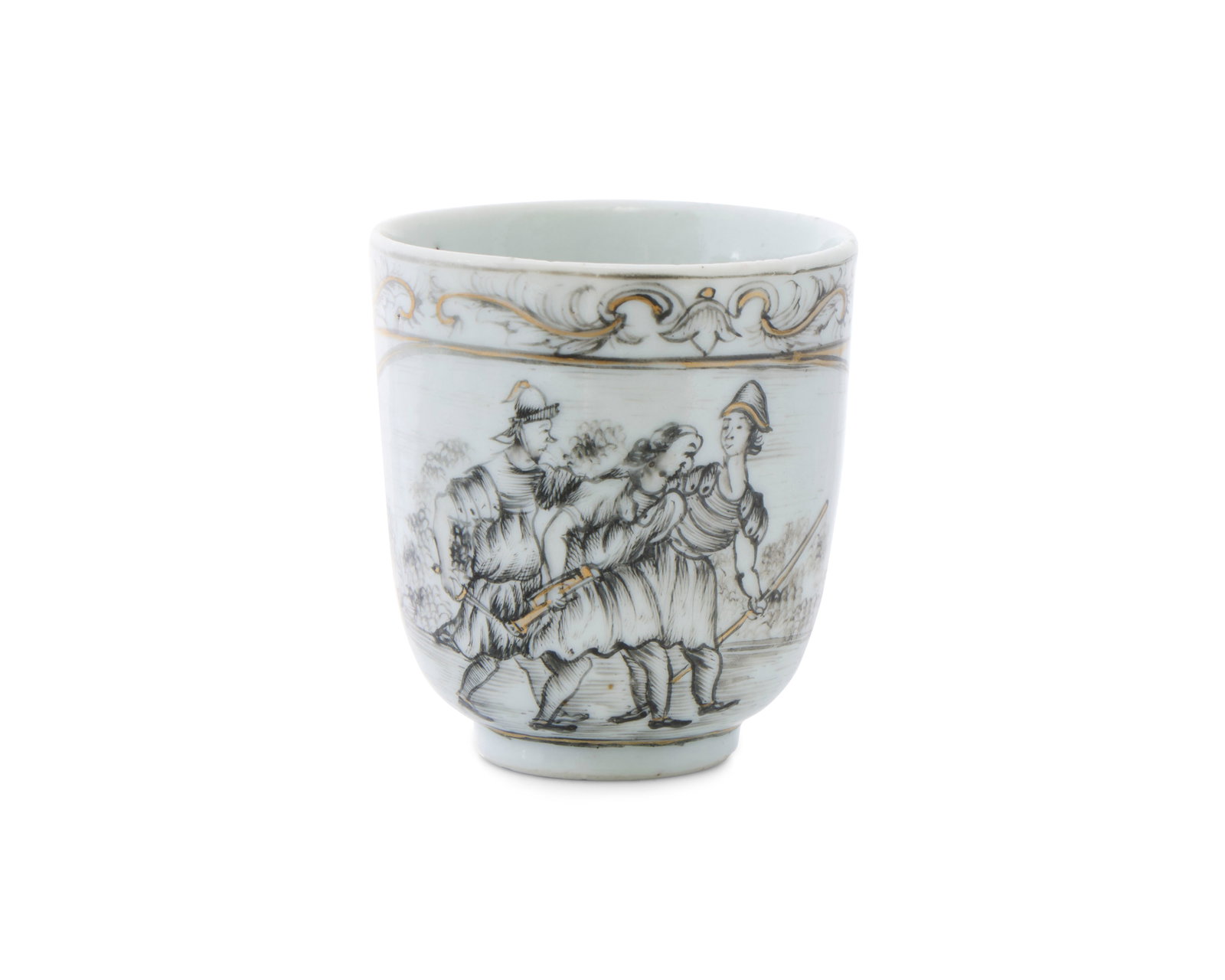 Very Rare Chinese Export European Market Biblical Subject Cup: Very Rare Chinese Export European Market Biblical Subject Cup ca. 1755; decorated with en grisaille baroque scrolling motif and depicting a man, possibly Christ, being hauled off by two Roman soldiers