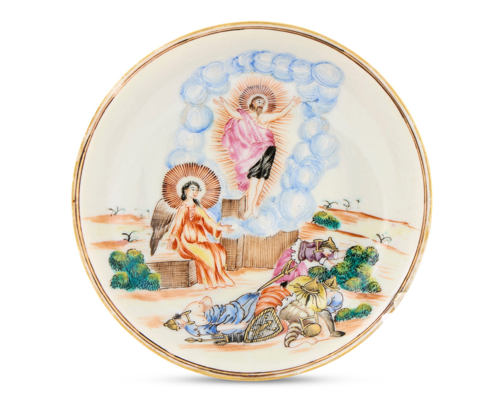 Very Rare Chinese Export European Market Biblical Subject Dish: Very Rare Chinese Export European Market Biblical Subject Dish ca. 1750; depicting a polychrome scene of the Resurrection of Christ and decorated with gilt rim; diameter: 4 3/4 in. Provenance: Sens En