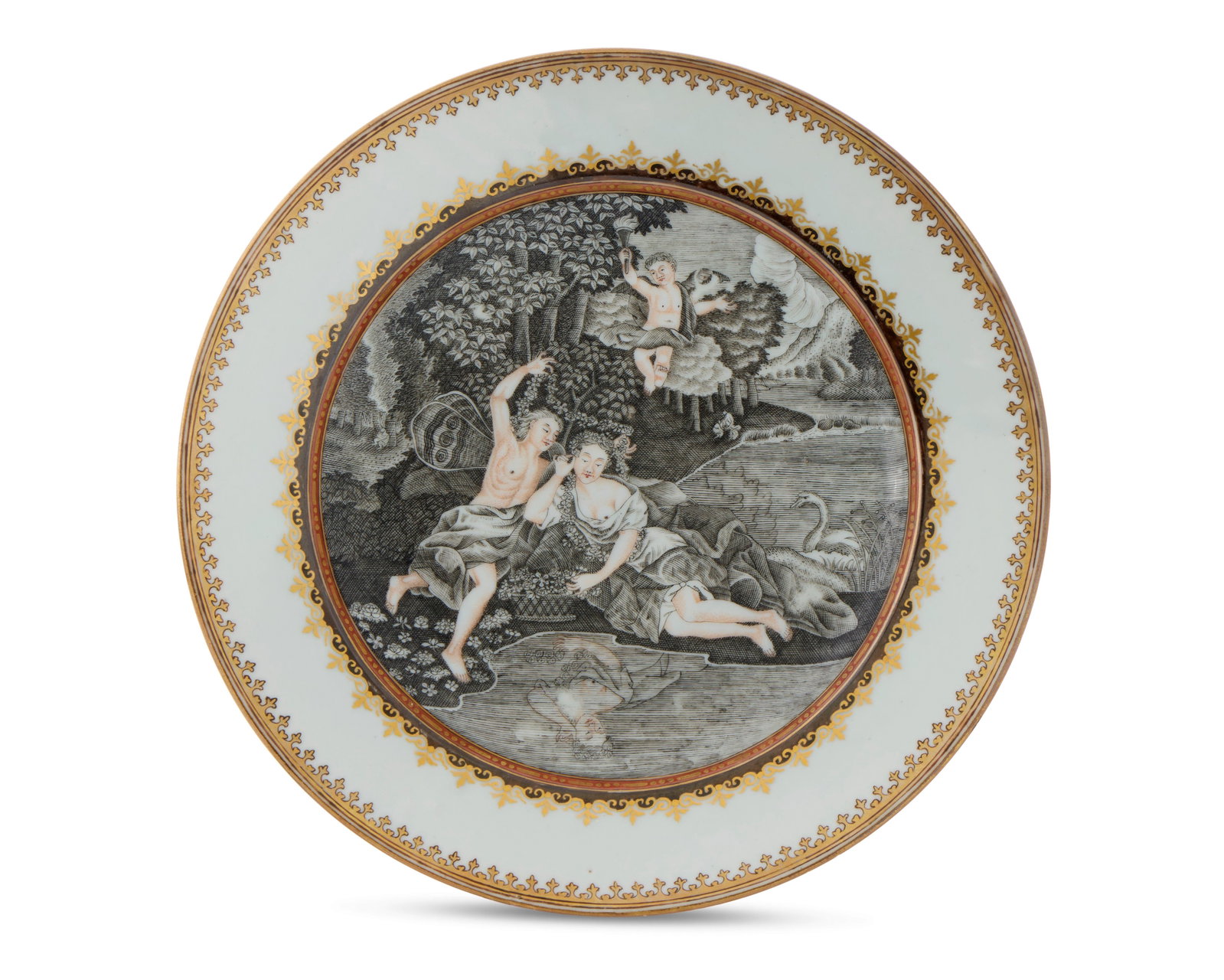 Chinese Export European Market Mythological Subject Plate: Chinese Export European Market Mythological Subject Plate ca. 1740; depicting an en grisaille scene of Zephyr holding a garland of flowers around Flora as she gazes at her reflection in a pool, a swan