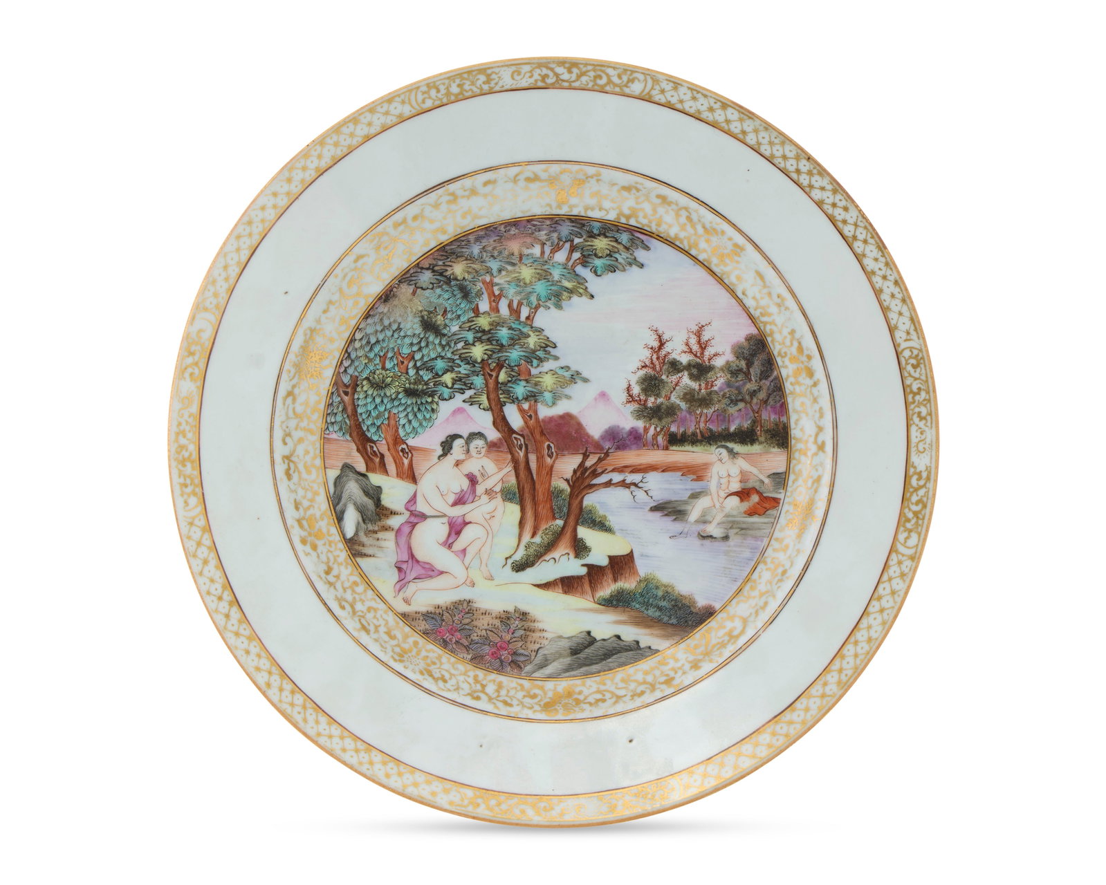 Unrecorded and Exceptional Chinese Export European Market Polychrome Enamel Mythological Subject: Unrecorded and Exceptional Chinese Export European Market Polychrome Enamel Mythological Subject Plate ca. 1740; depicting a naked boy standing beside the kneeling figure of Echo, wearing scant rose d