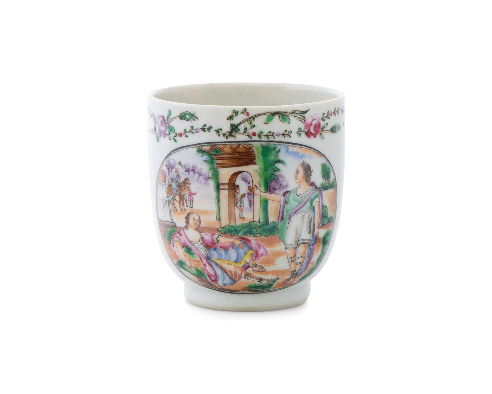 Extremely Rare Chinese Export Classical Era European Subject Cup: Extremely Rare Chinese Export Classical Era European Subject Cup ca. 1775; depicting in the polychrome central roundel Antony and Cleopatra in front of an arch and decorated with famille rose floral b