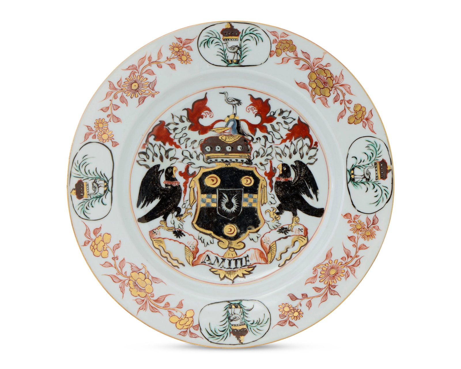 Exceptional Chinese Export English Market Armorial Charger: Exceptional Chinese Export English Market Armorial Charger ca. 1720; bearing the arms of Thomas Pitt of Blandford, with the arms of his wife, Lady Frances Ridgeway, in pretence, the arms flanked by bl
