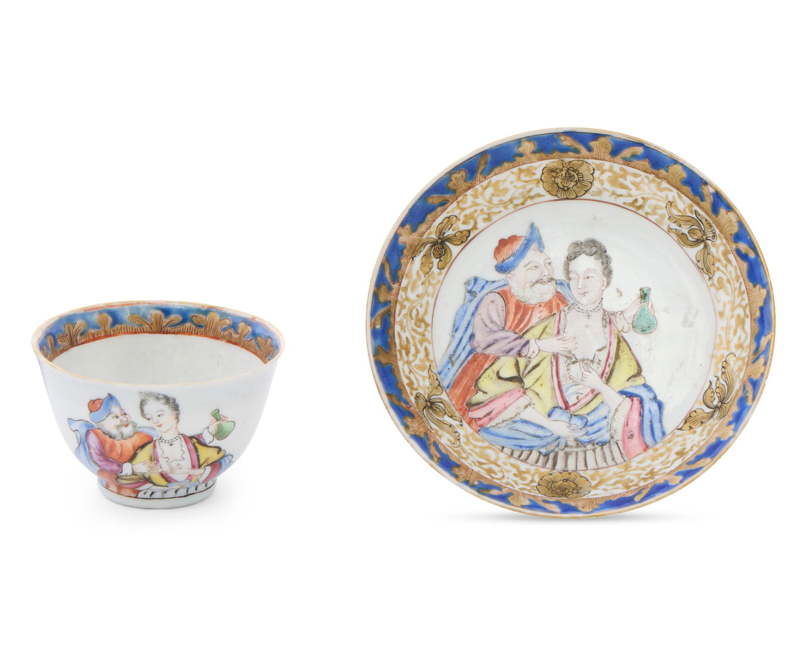 Rare Chinese Export European Subject ‘Erotic’ Tea Bowl and Saucer: Rare Chinese Export European Subject ‘Erotic’ Tea Bowl and Saucer ca. 1738; depicting a polychrome enamel erotic scene between a man and a woman and decorated with gilt and cobalt blue scrolling v