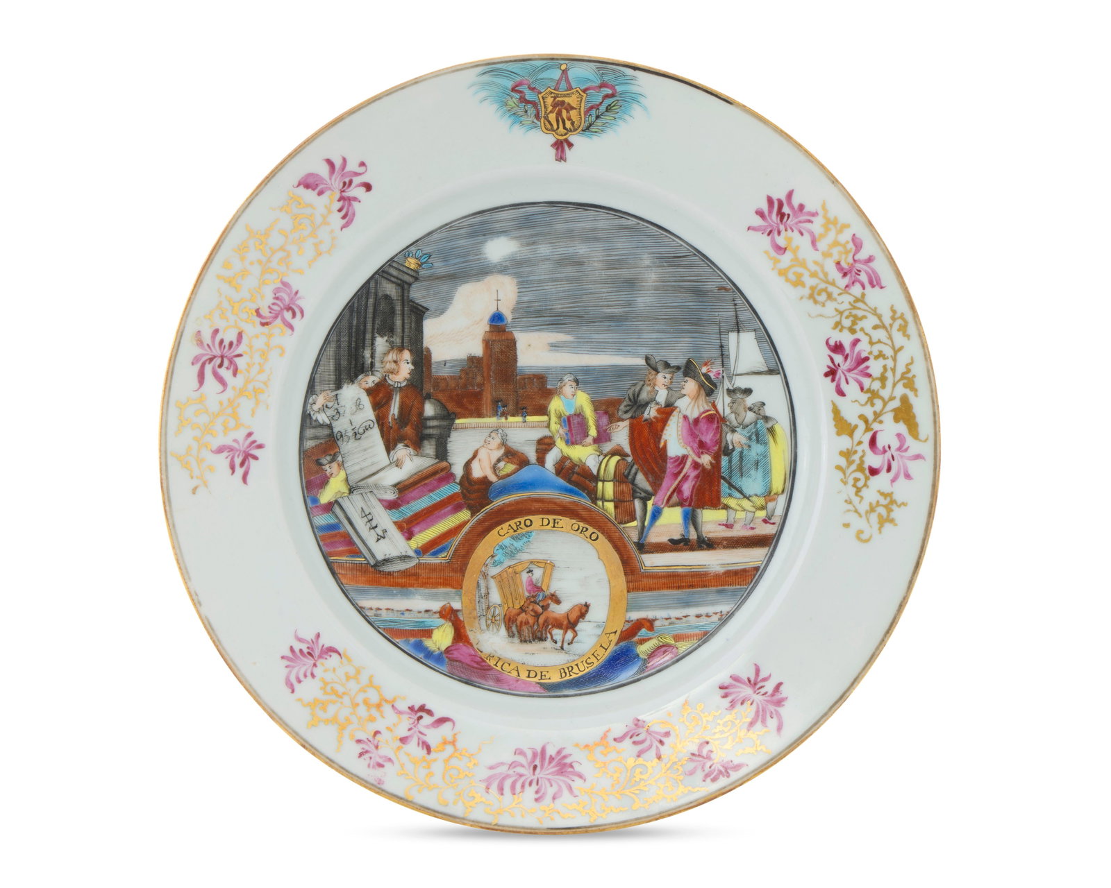 Extremely Rare Chinese Export Belgian Market 'Clothtraders' Subject Plate, bearing the arms of the: Extremely Rare Chinese Export Belgian Market 'Clothtraders' Subject Plate, bearing the arms of the City of Brussels ca. 1740; depicting a quay with figures, buildings, and the sails of a ship, in the 