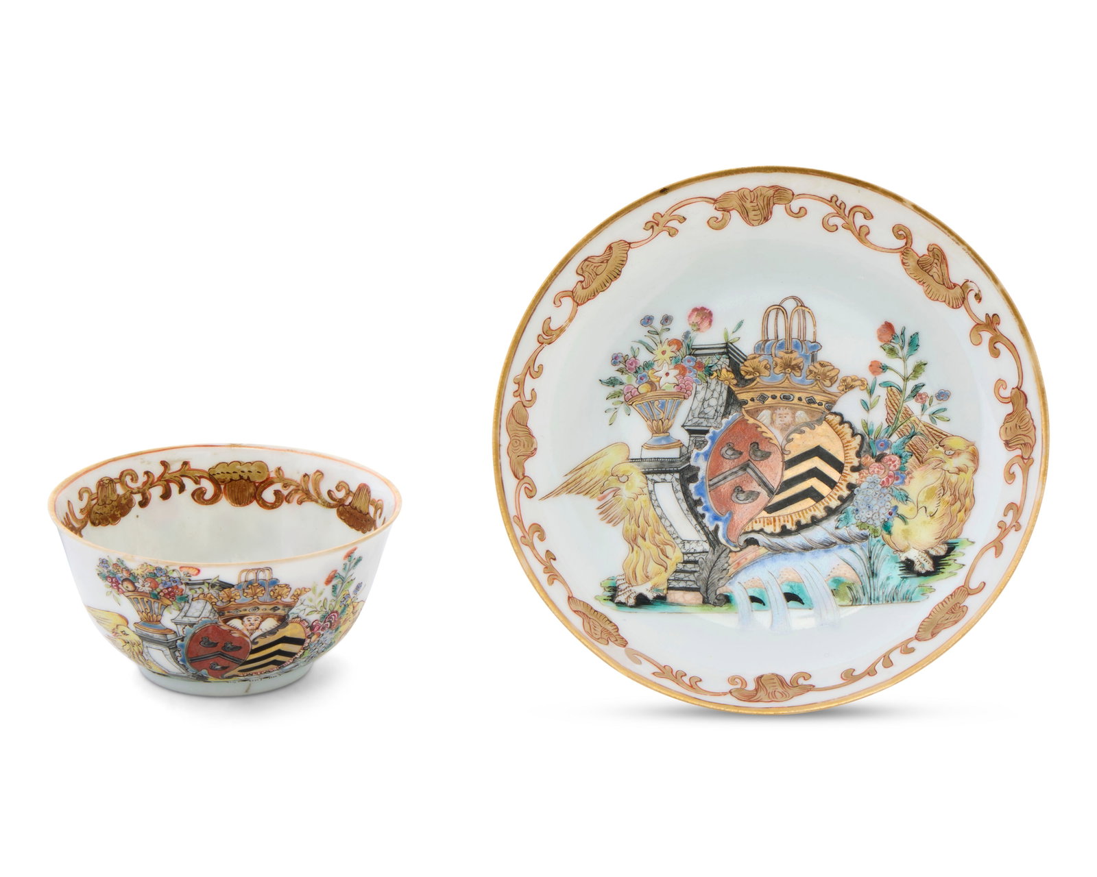 Very Fine Chinese Export Dutch Market Armorial Tea Bowl and Saucer: Very Fine Chinese Export Dutch Market Armorial Tea Bowl and Saucer ca. 1746; bearing the arms of van Isselmuden and Van Haersolte accollé surrounded by florals, a waterfall, and golden phoenix; decor