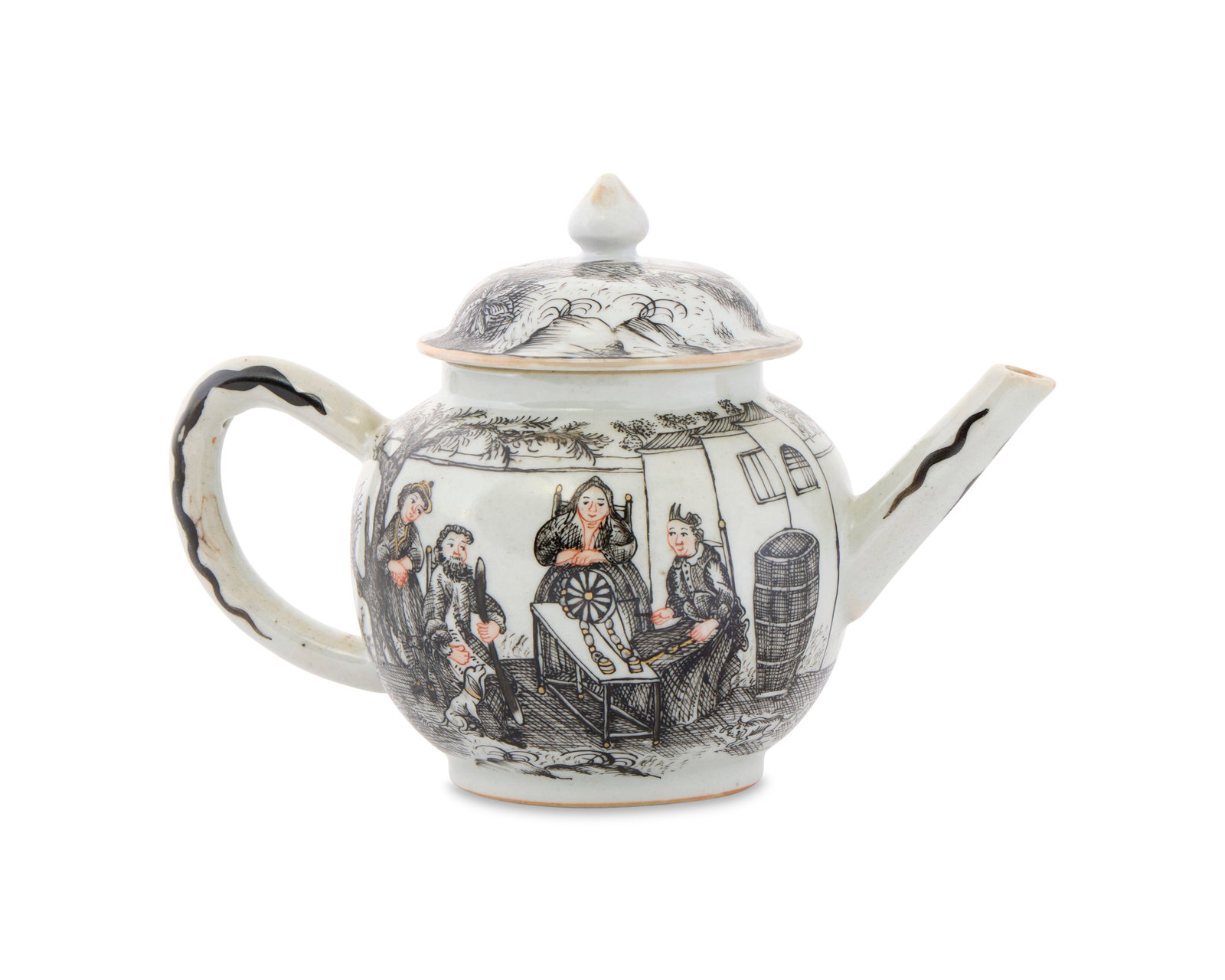 Unrecorded Chinese Export European Market ‘Allegory of Old Age’ Teapot: Unrecorded Chinese Export European Market ‘Allegory of Old Age’ Teapot ca. 1750; depicting a central en grisaille image with flesh tones and gilt highlights depicting three elderly people sitting 