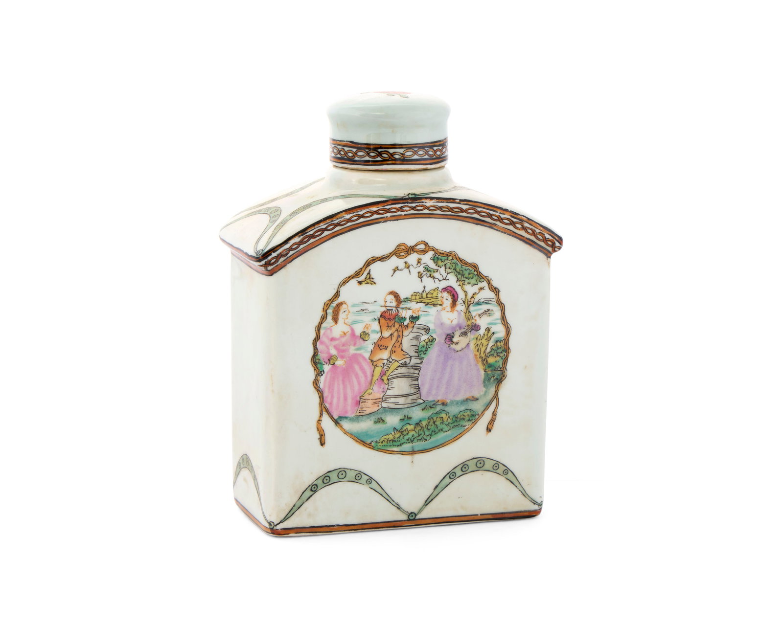 Very Rare Chinese Export Dutch Market Famille Rose Maritime ‘China Trade’ Subject Tea Caddy: Very Rare Chinese Export Dutch Market Famille Rose Maritime ‘China Trade’ Subject Tea Caddy ca. 1750; depicting in the central roundel an outdoor European scene with three figures enjoying music o