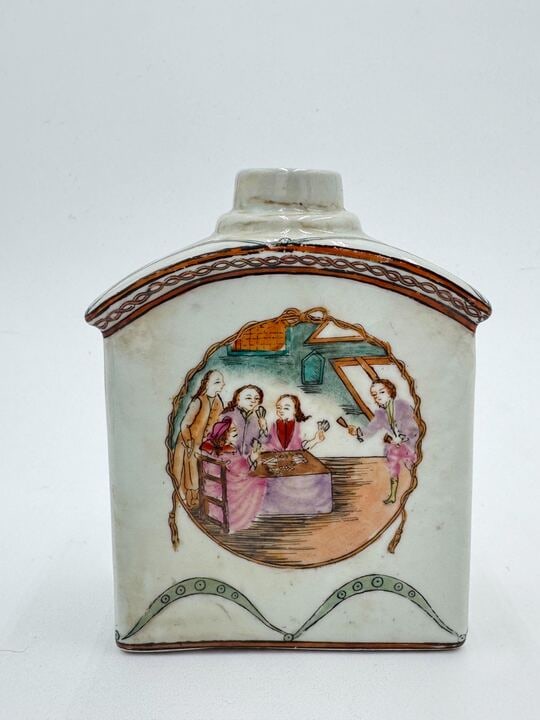 Very Rare Chinese Export Dutch Market Famille Rose Maritime ‘China Trade’ Subject Tea Caddy (1 of 2)