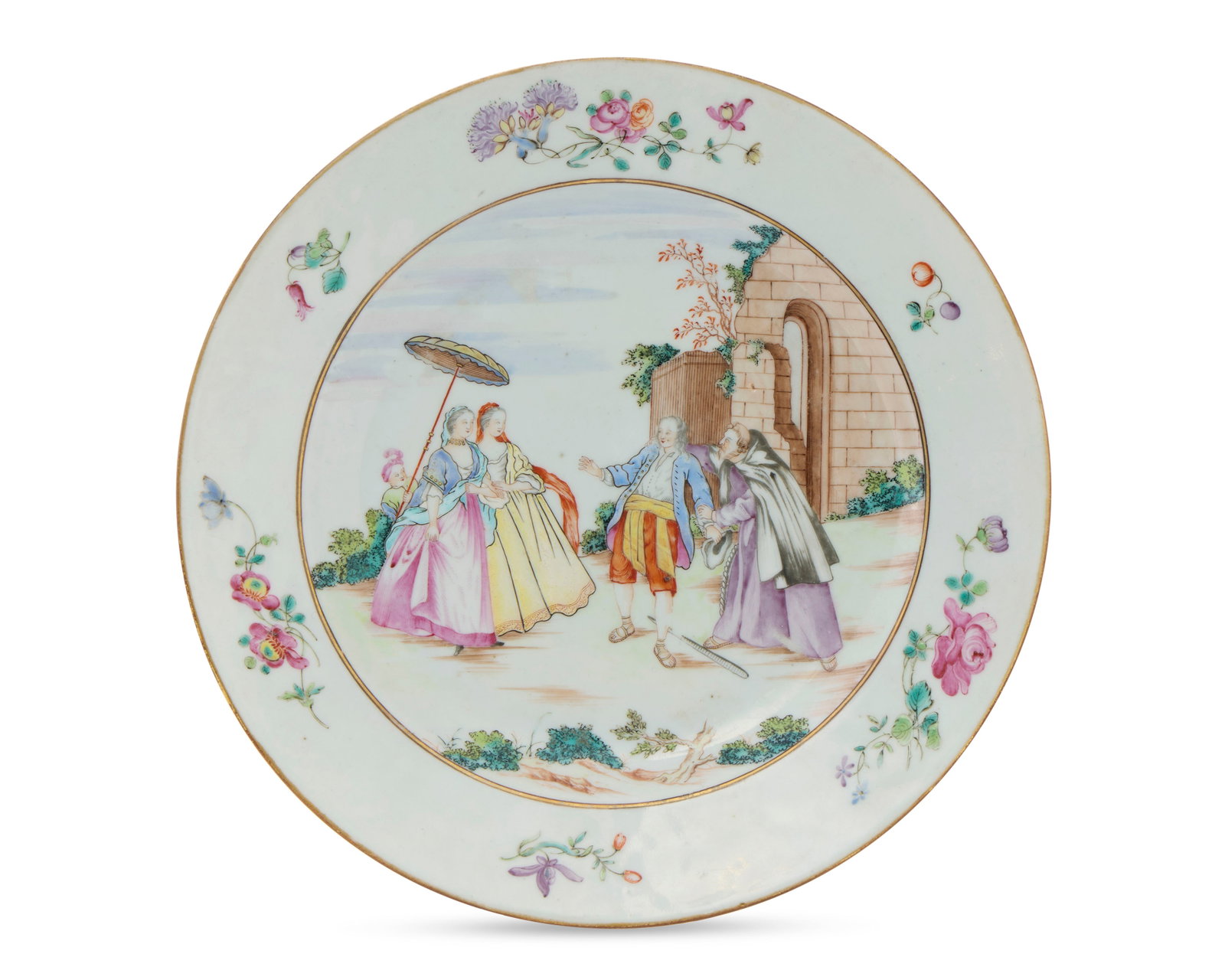 Very Fine Chinese Export European Subject 'Les Oies de Frère Philippe' Plate: Very Fine Chinese Export European Subject 'Les Oies de Frère Philippe' Plate ca. 1750; depicting a central polychrome scene of a group of figures in European costume and decorated with gilt and famil