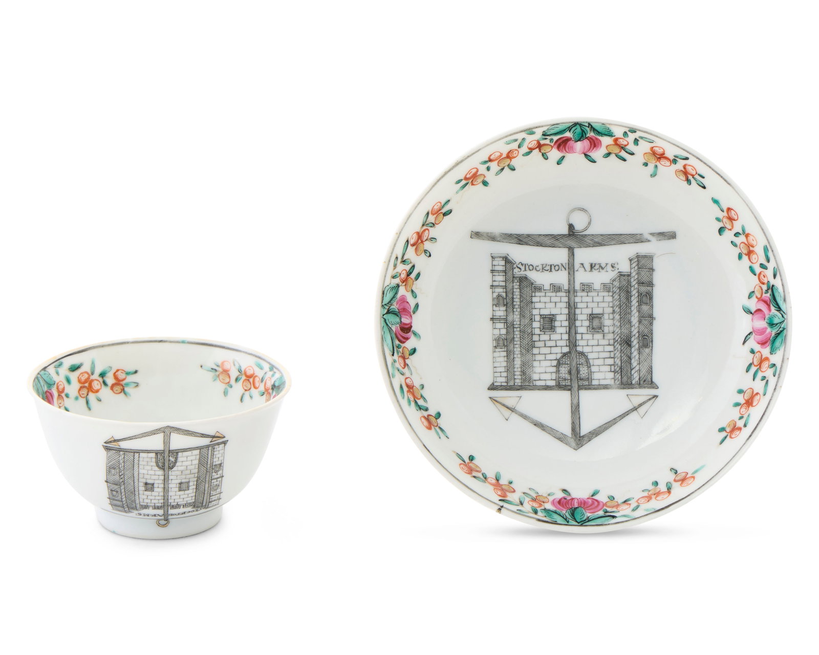 Unrecorded and Highly Important Chinese Export English Market Armorial Tea Bowl and Saucer: Unrecorded and Highly Important Chinese Export English Market Armorial Tea Bowl and Saucer ca. 1751; decorated with polychrome floral border; bearing en grisaille central crest with gateway embattled 