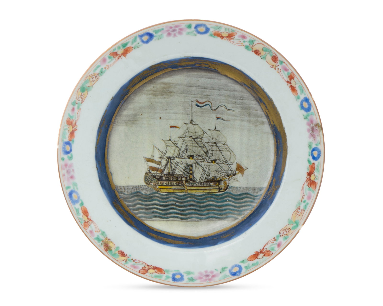 Unrecorded Chinese Export Dutch Market Maritime Subject Plate: Unrecorded Chinese Export Dutch Market Maritime Subject Plate ca. 1756-1760; centrally depicting the Dutch ship Vryburg and decorated with polychrome floral border; diameter: 9 in. Provenance: From a 