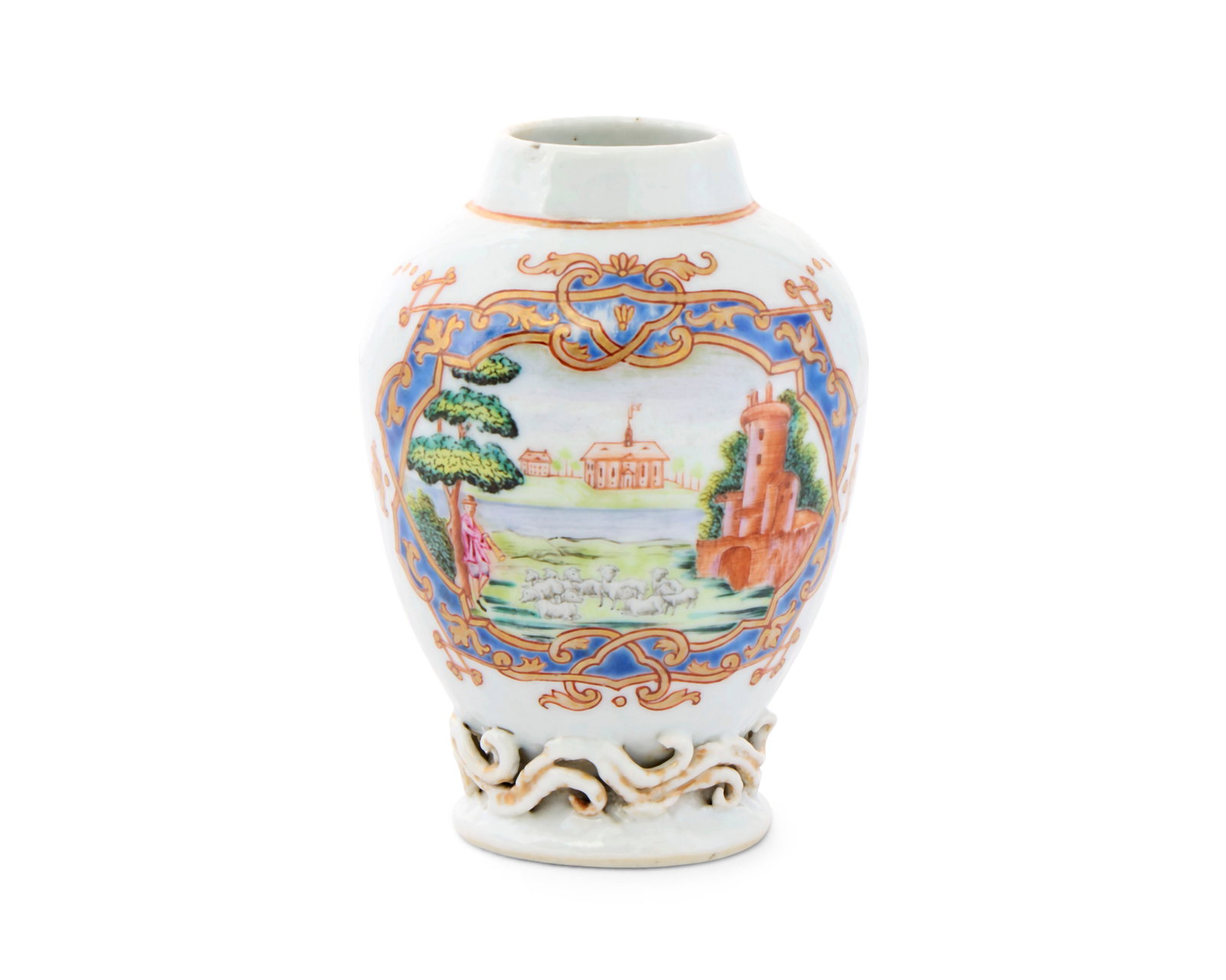 Unrecorded Chinese Export European Market Musical Subject Teapoy: Unrecorded Chinese Export European Market Musical Subject Teapoy ca. 1775; depicting a gilt and polychrome musical scene of a male figure playing a woodwind instrument and charming a nearby flock of s